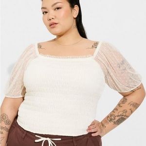 Torrid Cream Dot Mesh Square Neck Smocked Crop Top Size 00